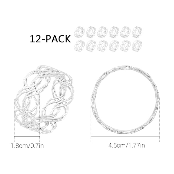 12-pack servettringar, metalliska tvinnade servettringar, silver