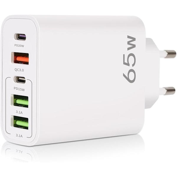 USB C Oplader, 65W 5 Port USB C Oplader med QC 3.0 Smart Hurtigoplader, USB Strømadapter til iPhone 15 14 13 12 11 Pro MAX SE 2020 XS XR 8 7