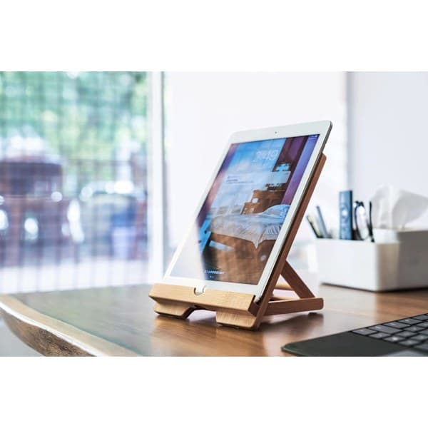 Foldbart tabletstativ i bambustræ, kompatibelt med flere enheder