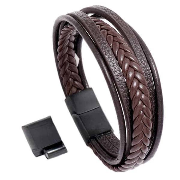 Læderarmbånd til mænd i rustfrit stål, justerbart, sort eller brunt, magnetlås
