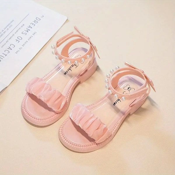XJ-Trendy Sandaler med Sløjfe og Perledekoration, Åben Tå, Ensfarvet til Piger, Åndbare Skridsikre Sandaler til Fest og Ferie Pink Farve