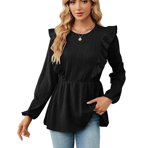 Dame Patchwork Rundhalset Langærmet T-shirt Top Sort Xxl