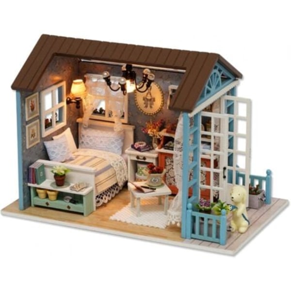 DIY Mini Dockhus Träkoja Miniatyr Möbelset Handgjort Husmodell Leksaker med LED-lampor Gåvor till Barn Drömmande Dekoridéer Present