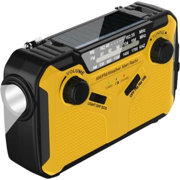 Käsikäyttöinen hätäradio aurinkopaneelilla, 3000 mAh akku, sääradio taskulampulla, SOS-hälytyksellä ja WB/AM/FM-taajuuksilla