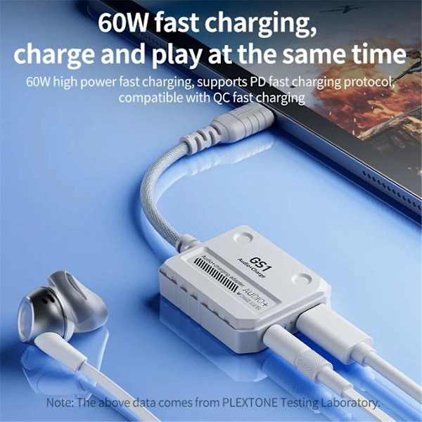 XJ-Gs1 2-in-1 kuulokemuunnin Type-c -liitäntä tukee 60 W:n pikalatausta matkapuhelimille ja T:lle