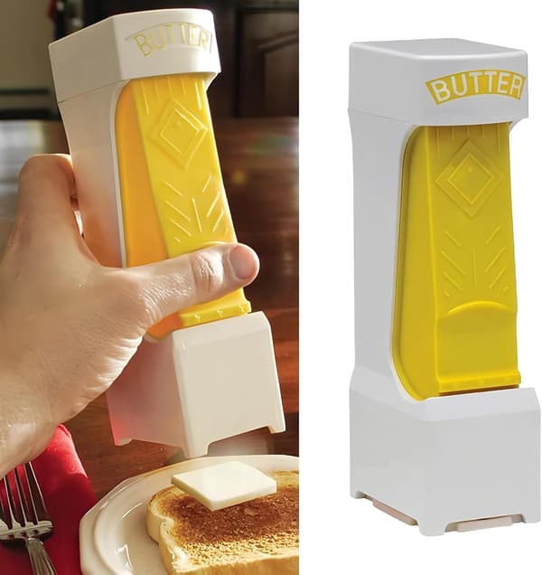 Smørdispenser Skjærer og Kutter, Ett-Klikks Trykkholder for Toast og Baking (Gul/Hvit) default