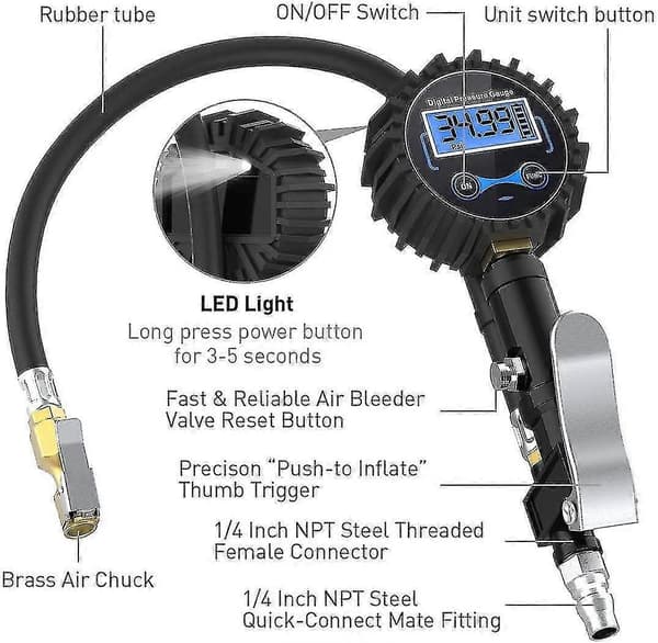 Digital Däcktrycksmätare 250 Psi, Högprecisions Digital Däcktrycksmätare Med Påfyllningspistol (hs)