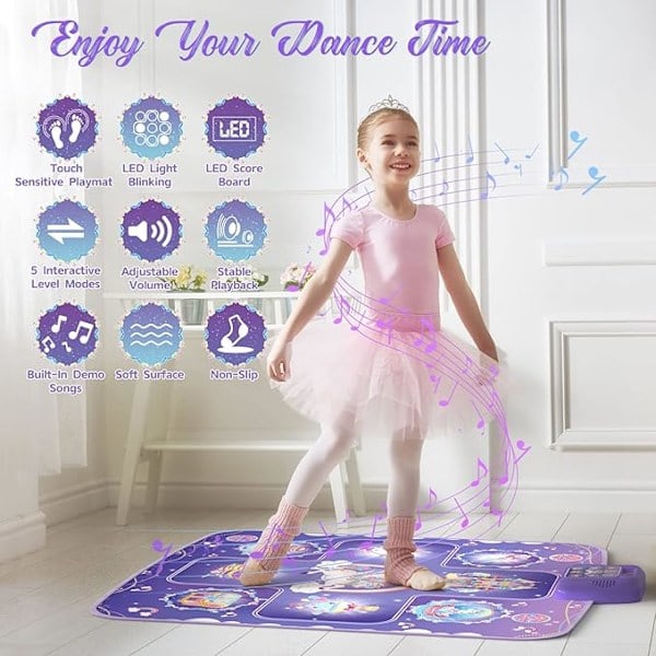 Unicorn Dansmatta med 5 spellägen, LED-lampor för flickor 3-12 år