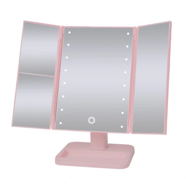 Belyst sminkspegel minimalistisk förstoring touchkontroll trefaldig LED-sminkspegel rosa[pl]