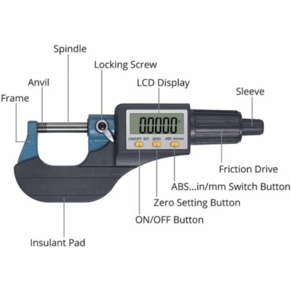 0-25mm LCD Elektronisk Digital Mikrometer Standard Utvändig Palmer Digital Mikrometer Metrisk/Tum 0.001mm Upplösning 0.002mm Noggrannhet Automatisk Avstängning ABS