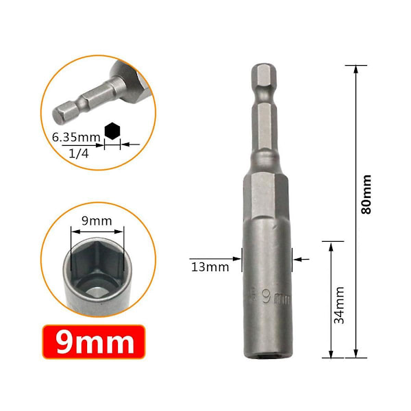 XJ-Deep Sekskantmuttertrekker Bor Sekskant Impact Socket Adapter 80mm Lengde Skrutrekker Bits 6-19mm Qui