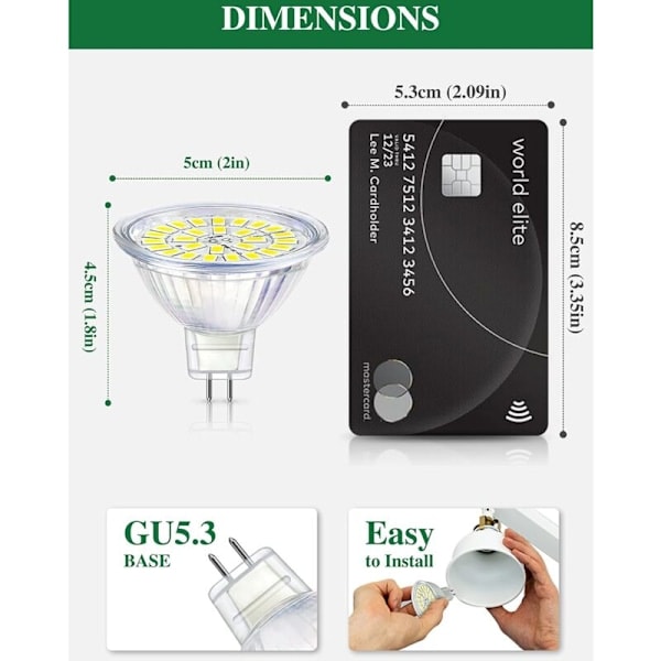 GU5.3 LED-pære, kaldhvit 6000K, MR16 LED AC DC12V 3W tilsvarende 30W halogen, ikke-dimbar LED-spotlight, 10-pakning [Energiklasse F]