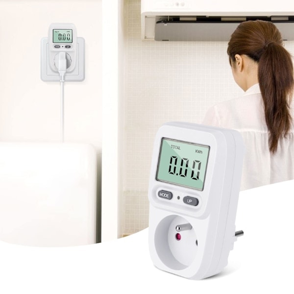 Energimåler, wattmåler, stikkontakt, strømforbruk, kontaktstyring, kWh-måler, maksimal effekt 3680 W, 16 A, for energisparing.