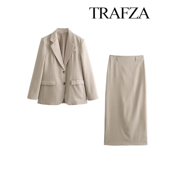 TRAFZA Dam 2-dels Set Långärmad Enkelknäppt Fickdekoration Mångsidig Rak Skuren Kappa+Elegant Slits Fåll Dragkedja Kjole