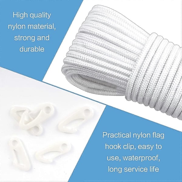 20m Nylon Flagline Flagstangssnor 6mm Tyk Hvid Flagstangssnor Med Clips Holdbar Multifunktionel Nylonline Til Flagsejlads Rigging