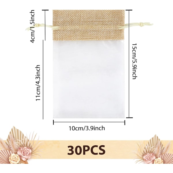 XJ-Organza lahjapussit, 30 kpl hääkorupusseja, 10x15cm juuttinaru lahjapussi, verkkokarkkipussi, korupussit häihin, juhliin