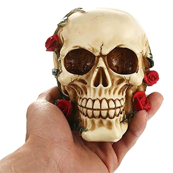 XJ-Menneskekranie med Rose Resin Statue Lille Størrelse Hovedskulpturer Kranie Samlerfigurer
