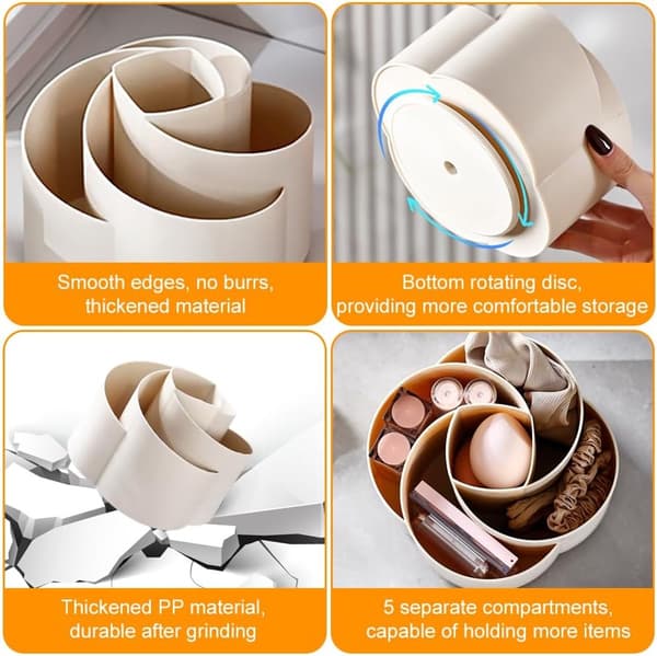 Penholder Skrivebordsorganizer, 360° Roterende, 5 Rum, PP, Til Kontor, Skole Og Hjem, Beige
