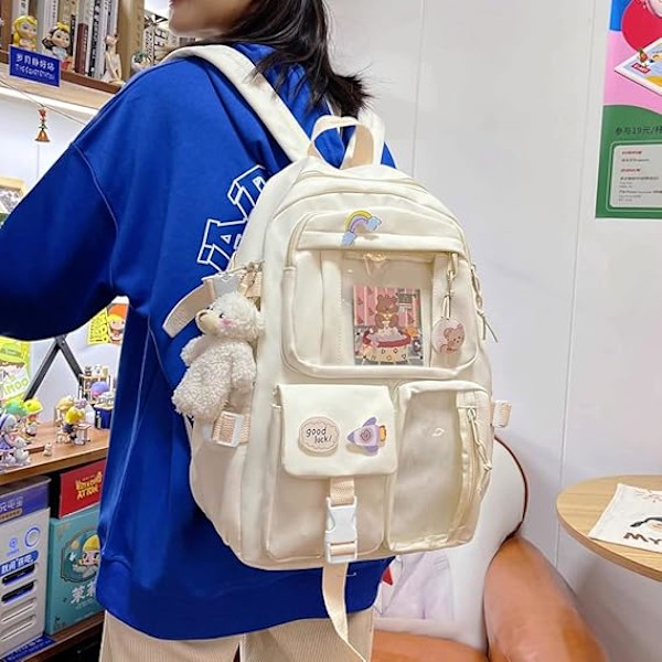 XJ-Kawaii Reppu Riipuksella, Suuri Tilavuus Söpö Karhuasusteet Reppu Kouluun Monitasku Reppu Teinitytöille Söpöt Koulureput