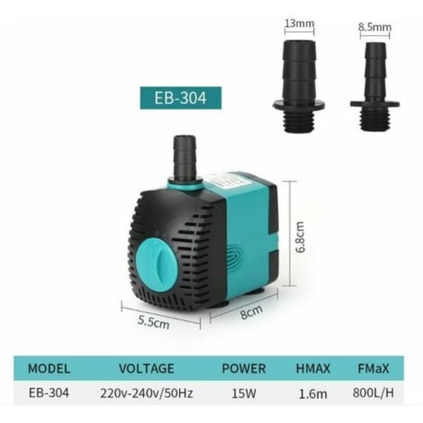 Senkbar pumpe 800L/T 15W for akvarium, hagefontene, basseng, fisketank, hydroponiske systemer, med 2 dyser