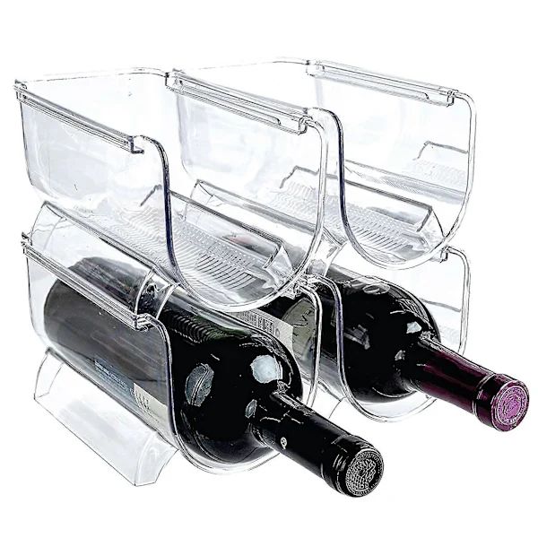 4-pack Wine and Water Bottle Organizer, Stackable Plastic Wine Holder for Pantry, Kitchen, Refrigerator, Four Compartments