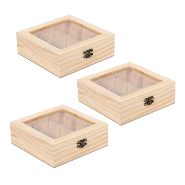 3x Treboks for teposer - Smykkeorganisator - Oppbevaringsboks - 9 rom - Teboksorganisator - Tre - Sukker - P