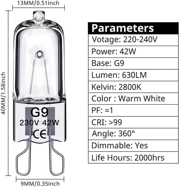 G9 Halogenlamper 42W, 230V, 10-pakning 42W