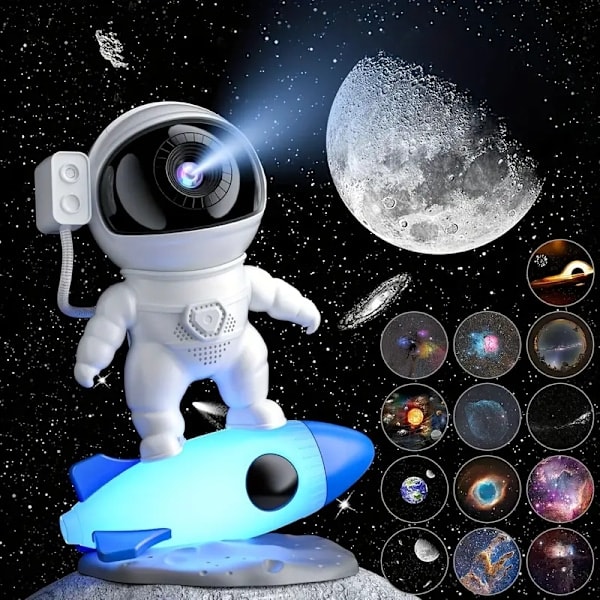 Galaxy Rocket Astronaut Projeksjonslampe med 12+1 Utskiftbare Filmer, 360° Roterende Linse - Perfekt for Stue, Soverom, Spilleområde - USB