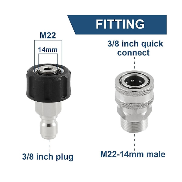 XJ-Trykkvasker hurtigkoblingssett i rustfritt stål, m22 14mm til 3/8in hurtigkobling, 3/4in til 1/2in Qu