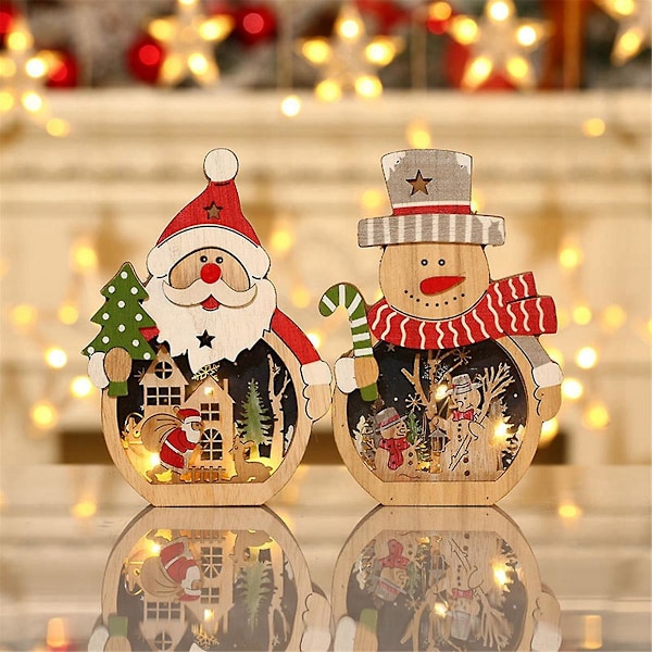 Jule Santa - Lys Skrivebordspynt Jul - Santa - Ornamenter: 2 stk. Glødende Trefigurer