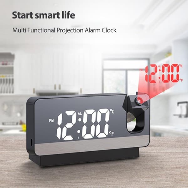 Digital projektionsväckarklocka, 180° roterande LED-spegeldisplay, dubbla larm, USB-driven, sängbord, 2-pack, svart