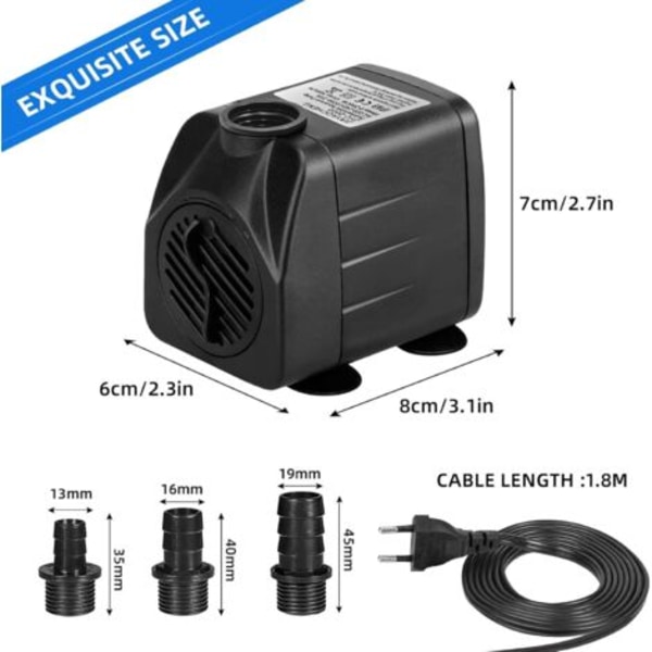 Mini Vannpumpe (1800 l/t, 25 W) - Dam Pumpe / Brønnpumpe / Akvariumpumpe - Maksimal Sprøytehøyde: 2 m - Sugekopper i Bunnen - 1,8 m Plug Kabel