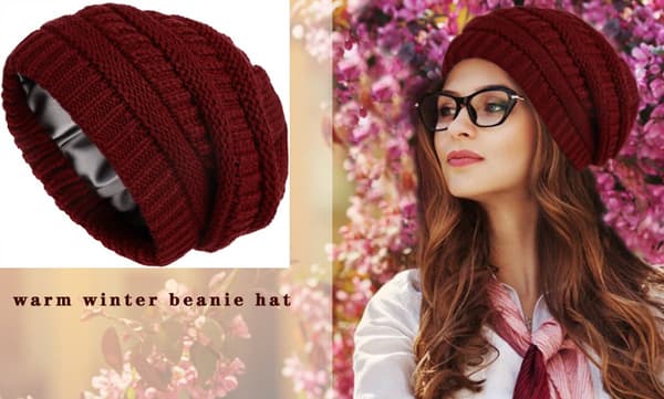 Vinterstickad mössa för kvinnor, varm och vindtät, slouchy skidmössa, satin foder, Bordeaux, 52-60cm