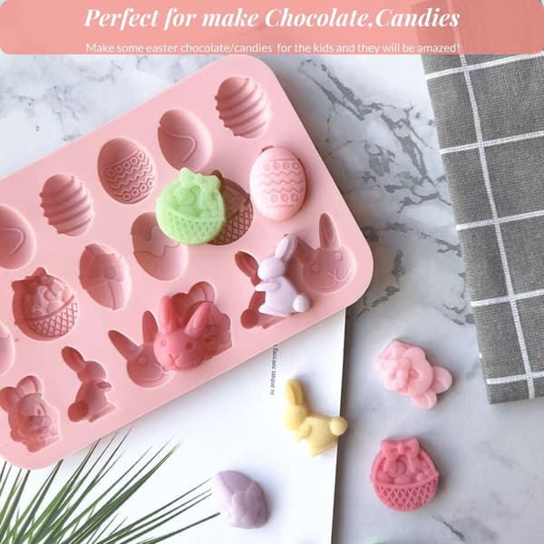 1 pc Silicone Molds for Easter Chocolate 18 Cavities Egg, Rabbit, Bunny Head, Basket Molds for DIY Chocolate, Candy, Jelly