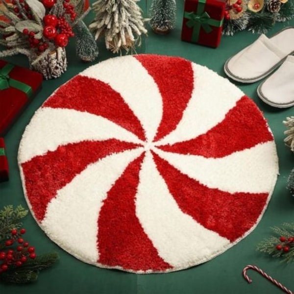 Jul Badrumsmatta 60cm - Tvättbara Runda Badmattor, Röd Vit Godis Badmatta, Vinter Halkfria Badmattor, Absorberande Mattor Dörrmatta med Baksida för Badkar