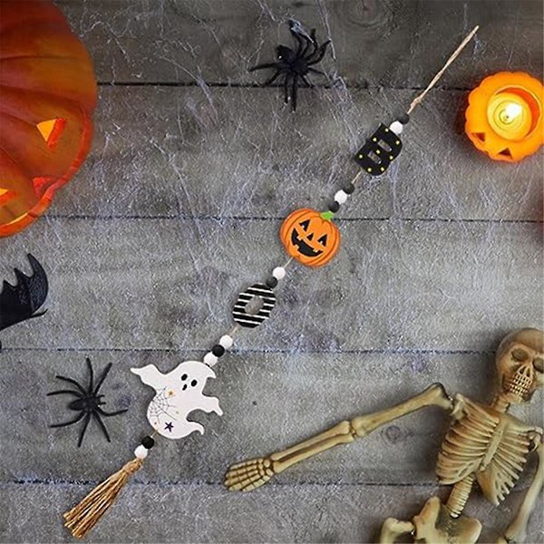 Halloween Puuhelminauha Kurpitsa Lepakko Aaveella - Maalaismainen Riipus Seinälle Ripustettava Helmillä Koristeltu Taso