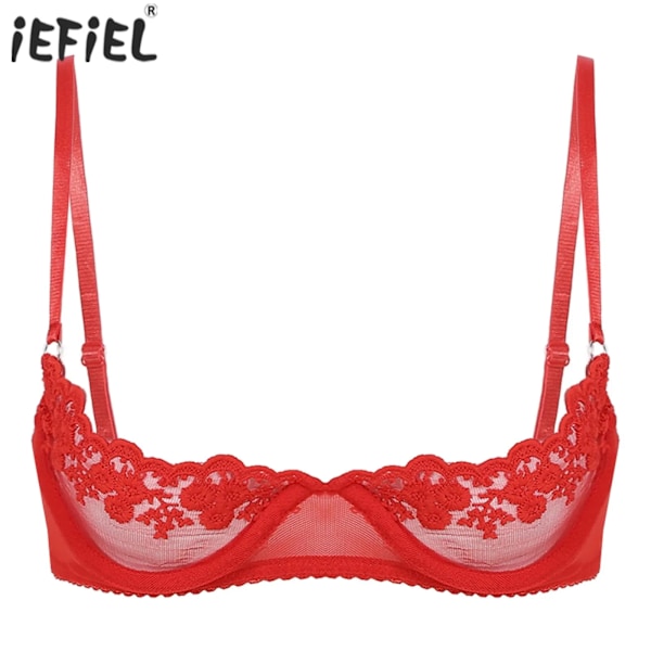 Kvinnor Transparent Blommig Spets Bygel Push Up 1/4 Cup BH Underkläder Justerbara Axelband Ofodrad Öppen Byst Exponerad BH Lingerie