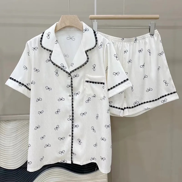 Dame Pyjamassæt Forår Sommer 2 Dele Sløjfe Print Pyjamas Faux Silke Satin Nattøj Kortærmet Pijama Mujer Pjs Homewear