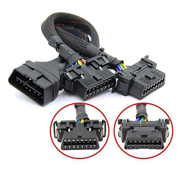 XJ-2 2-in-1 OBD2 -jatkokaapeli OBDII uros - 2 naarasjakaja auton tietokoneen liitäntämuunnospistoke