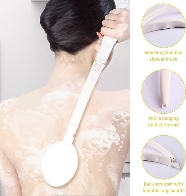 3-in-1 Bath Brush Set, Foldable Long Handle Shower Brush, Bath Brush with 3 Replaceable Heads Bristle Sponge Pumice Head for Exfoliating Shower-3