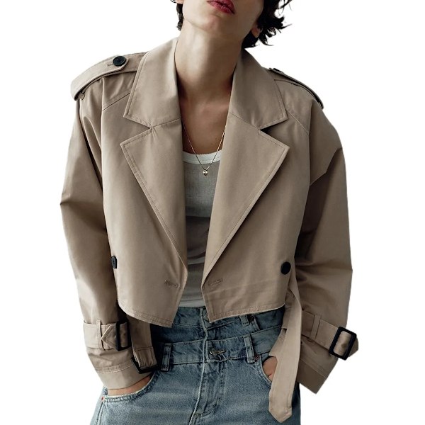Dam Casual Croppad Trenchcoat Kavajslag Långärmad Dubbelknäppt Kofta Vindjacka Ytterkläder med Bälte