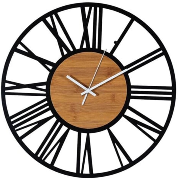 Industriell vintage väggklocka i svart trä, tyst, vardagsrum 40 cm, paket