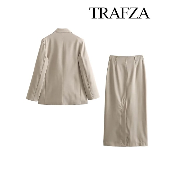 TRAFZA Dam 2-dels Set Långärmad Enkelknäppt Fickdekoration Mångsidig Rak Skuren Kappa+Elegant Slits Fåll Dragkedja Kjole