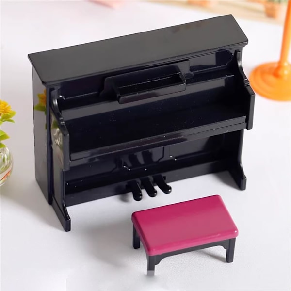 XJ-Miniatyr svart piano och pall, simulerande pianomodell, dockhusdekorationstillbehör, miniatyrprydnad för hem, trädgårdsmöbler, dekoration