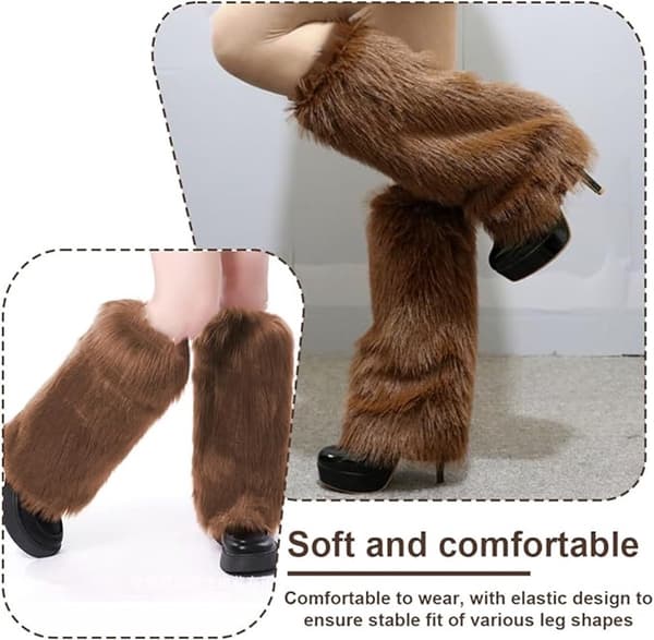 Faux Fur Legvarmere til kvinder, 30 cm lange fluffy benvarmere over knæet, bløde varme vinterstøvlemanchetter til efterår og vinter, brun