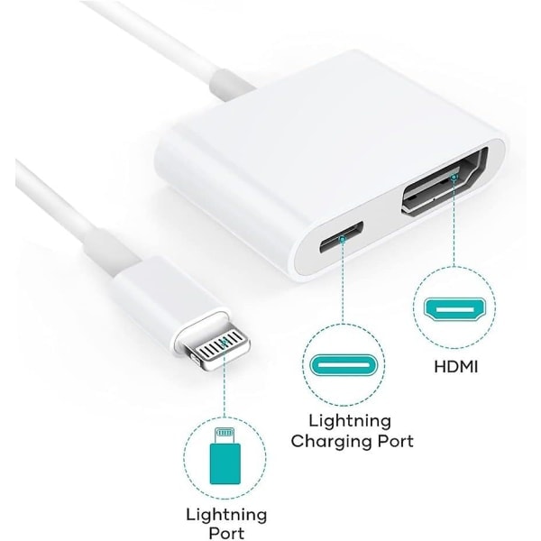 HDMI-adapter, HDMI-adapter för iPhone 1080p Lightning Digital AV-adapter, HDMI-synkroniseringsskärm HDMI-kontakt för iPhone & iPad