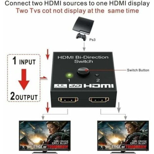 HDMI-switch, HDMI-splitter 4K Bi-Directionell Adapter 2 in 1 ut eller 1 in 2 ut Switch, Stöd för 3D 4K 1080P, HDCP, HDMI-switch för HDTV/Blu-Ray-spelare/