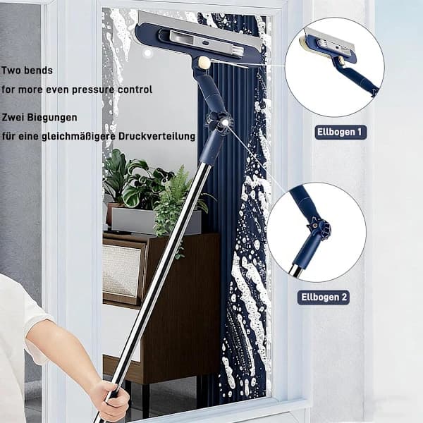 2-in-1 Extendable Window Cleaner - 120 cm Telescopic Squeegee & Scrubber, Rotating Head for Windows, Mirrors & Showers - Blue
