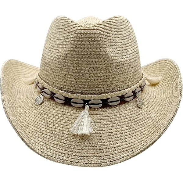 XJ-Vestlig halm cowboyhatt for kvinner, strandhatt for menn, bredbremmet hatt, cowboyhatt, sommer Panamahatt, beige