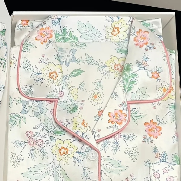Dam Pyjamas Set Vår Sommar 2 Delar Tryck Blommig Pyjamas Faux Siden Satin Nattkläder Kortärmad Pijama Mujer Pjs Hemmakläder